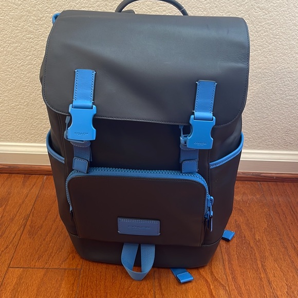 Coach Backpack leather Misnight Navy Racer Blue Drawstring & speedclip closures - Picture 4 of 15